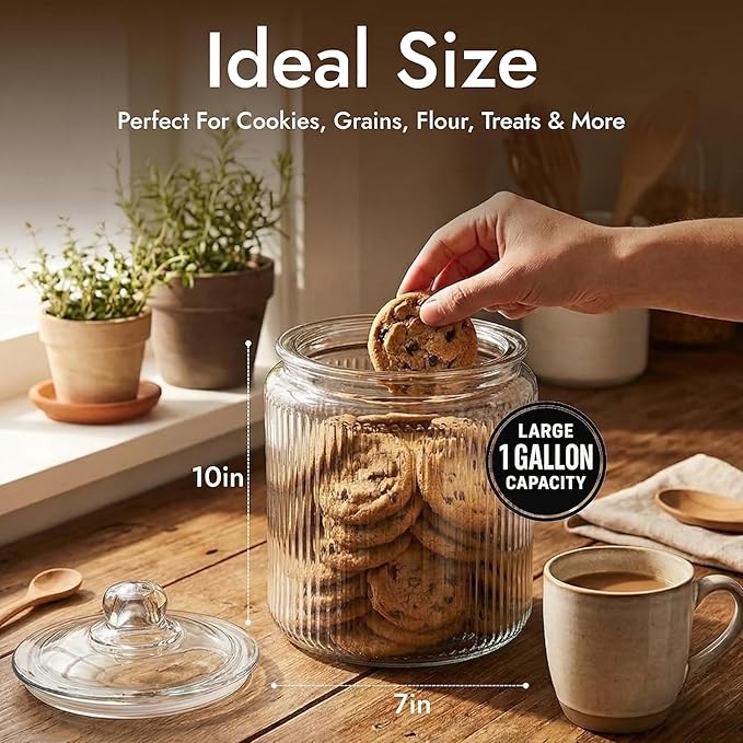 kitchentoolz 1 Gallon Ribbed Glass Cookie Jar with Lid – Ribbed Glass Jar with Lid - Airtight Food Storage Container for Cookies, Candy, Flour, Dog Treats