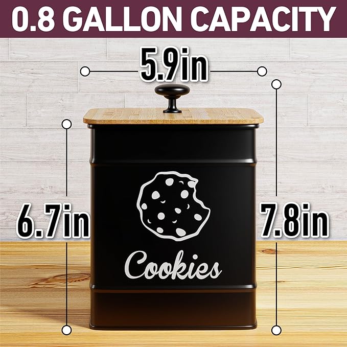 Cookie Jar with Airtight Lid - 1 Gallon - 6"D x 8"H Iron Cookie Tin with Bamboo Lid - Large Cookie Jars with Lids Airtight - Farmhouse Cookie Jars for Kitchen Counter Decorative - Cookies Jar
