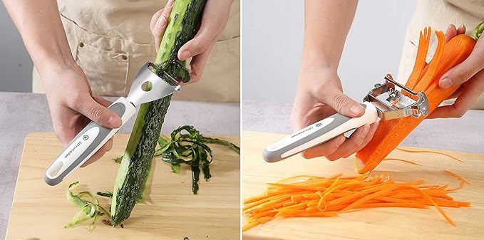 Stainless Steel Potato Masher & Peeler Set (6PCS Set - Gray) - Includes Potato Ricer, Wire Masher, Multi-purpose Peelers, Comfortable Grip Design For Kitchen, Free Silicone Brush and Oven Mitt