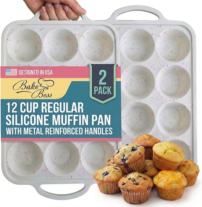 BAKE BOSS 2-Pack Silicone Muffin Pan for Baking with Metal Reinforced Frame -12 Cup Regular Size Cupcake Pan, BPA Free Silicone Muffin Tray - Cupcake Baking Pan Molds for Oven & Dishwasher Safe