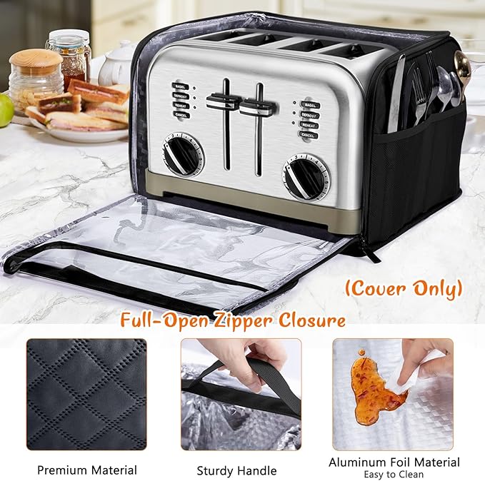 BAGSPRTIE Toaster Cover for 4 Slice Wide Slot, Full Open Dust Covers for Kitchen Appliances Compatible with Cuisinart, BELLA, Black and Decker 4 Slices, Toaster Bags with Zipper Closure (Cover Only)