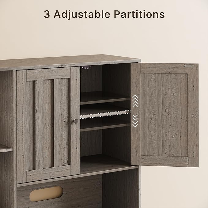 Gizoon 60.4" Pantry Cabinet with Coffee Bar, Tall Kitchen Pantry Storage Cabinet with Microwave Stand and 2 Drawers, Farmhouse Hutch with 4 Open Tiers for Dining Room and Kitchen Organization, Grey