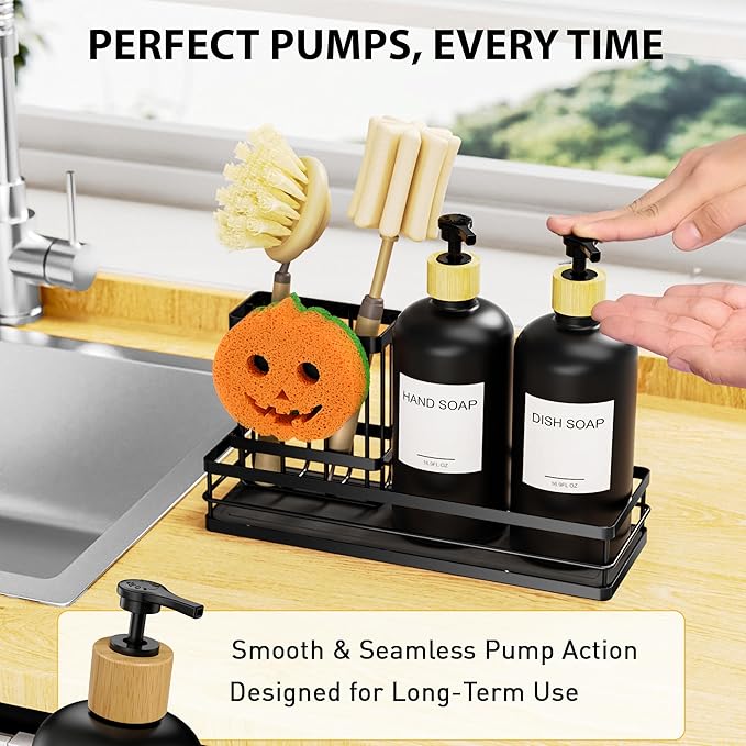 Moforoco Kitchen Dish Soap Dispenser Set, 16OZ Glass Bottle, Hand and Dish Soap Dispenser Set, Instant Dry Tray, Brush Holder with Smiley Face Sponge Holder (Black Tray+Black Bottle+Labels)