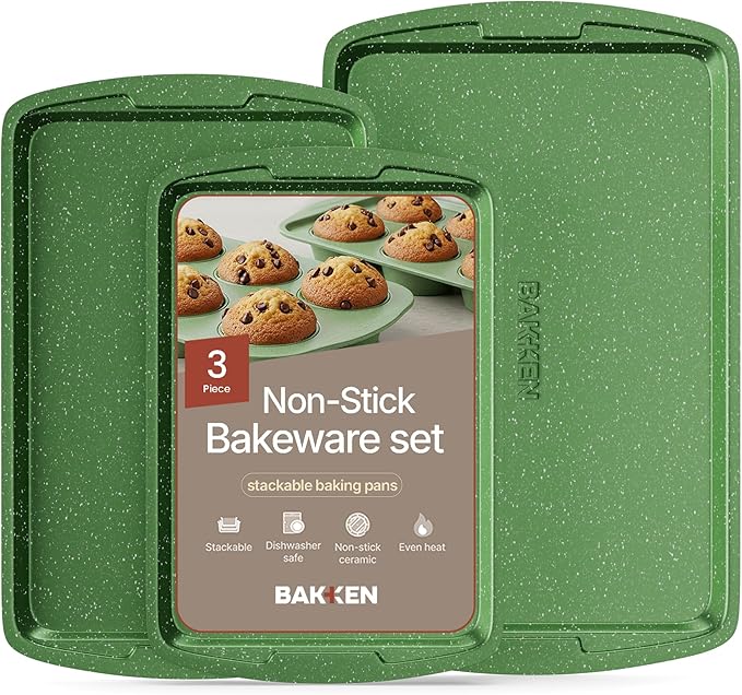 BAKKEN Kitchen Baking Pan Set - Nonstick Green Marble Coating, Commercial Grade Carbon Steel Bakeware Sets, Baking Kitchen Essentials, PFOA, PFOS, PTFE Free, Oven Safe Tray (Up To 450° F), Set of 3