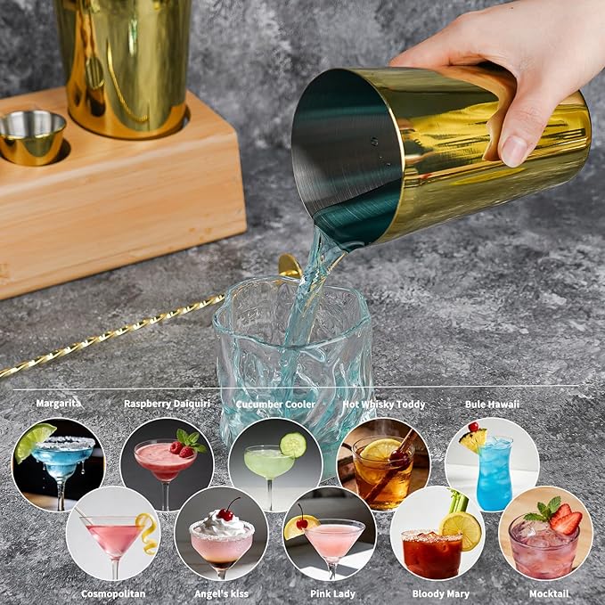 Cocktail Shaker Set Bartender Kit with Bamboo Stand, 15-Piece Stainless Steel Bar Set Accessories, Professional Bartending Kit Home Bar Tools Set with Recipes (Gold, Natural Wood Stand)
