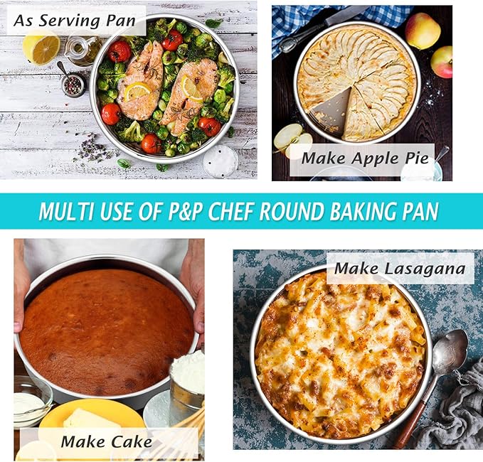 P&P CHEF 9.5 Inch Cake Pan, 1 Piece Round Layer Cake Baking Pans, Stainless Steel Smash Cake Tin Bakeware for Cooking Steaming, Nontoxic & Sturdy, Oven & Dishwasher Safe