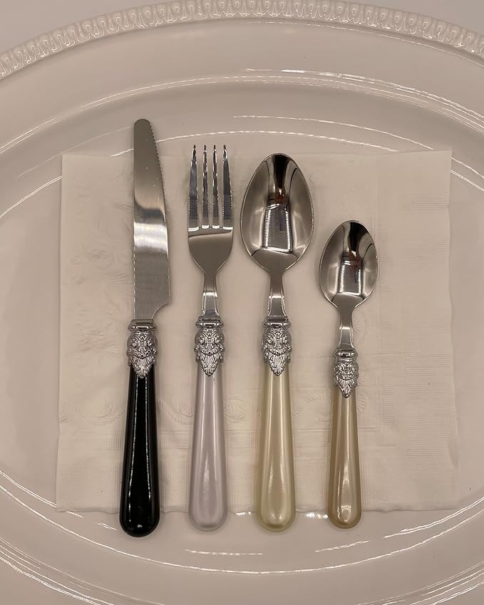 The Original Brink House Glam Mix & Match Stainless Steel Cutlery Set with Assorted Baroque Handles / 16 pieces with Metal Stand, Lifestyle utensils set for home, first apartment, dorm, dinner parties