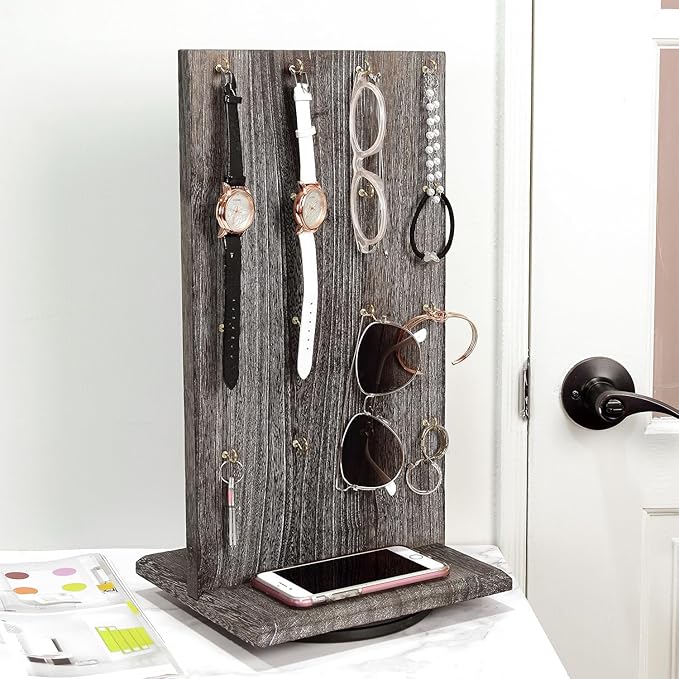 Ikee Design Wooden Rotating Two-Sided Jewelry Display Stand, Rotating Organizer with 32 Hooks for Store, Earring Keychain Display with Hooks, Coffee color, 9 W x 7.5 D x 16.5 H in
