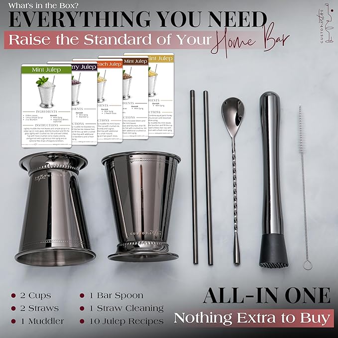 Gusto Nostro Mint Julep Cups Set of 2 - Stainless Steel Julep Cup Kit with Straws, Muddler, Spoon, Recipes, Vases - Southern-style Cocktail Glasses for Home Bar - Stainless Steel Cocktail Cups (Black)