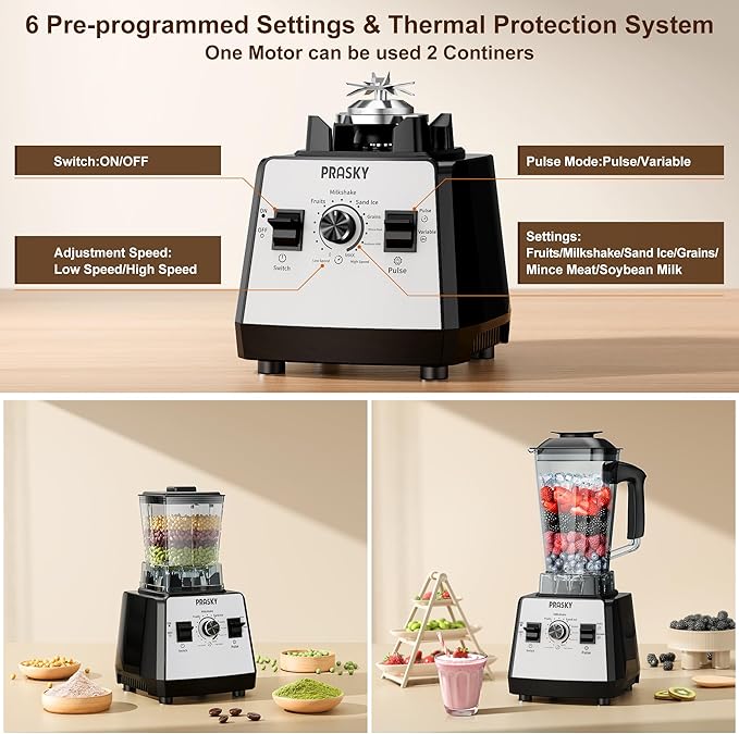 Blenders for Kitchen, Smoothie Blender, 2400W/1000W Prasky Blender & Grinder Combo, 25,000 RPM High Speed, 68oz BPA-Free Food Processor, Countertop Blender for Smoothies, Shakes & Food (White,2L)