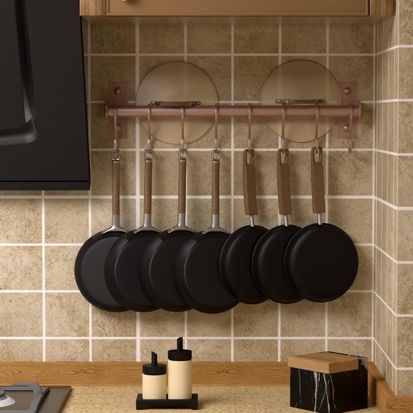 Dseap Kitchen Utensil Holder Hanger, Pot and Pan Rack Wall Mounted, Kitchen Rail with 8 Hooks for Hanging Cooking Utensils, Mugs, Spoons, Wall Mounted, Rose Gold