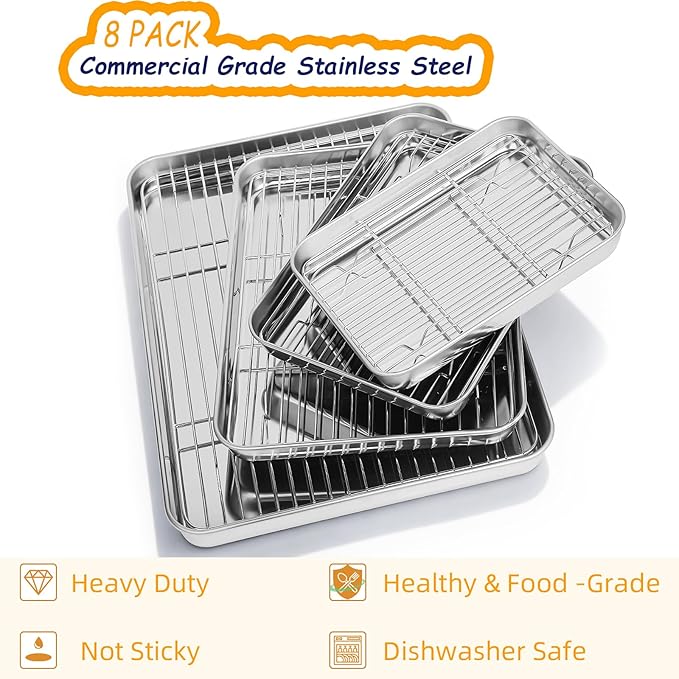 Baking Sheet Pan Set of 8, CEKEE Stainless Steel Cookie Sheets for Baking with Cooling Rack, Small/Quarter/Jelly Roll Pans, 9/10/12/16 Inch, 0.8mm Thick Heavy Duty & Non Toxic & Easy Clean