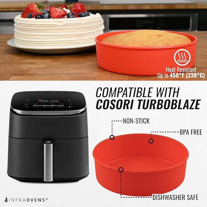 Air Fryer Baking Pan Set For Cosori TurboBlaze 9-in-1 6qt, Freezer Airfryer Bakeware Sets with Cupcake Liners & Kitchen Conversion Chart, Nonstick Round Cake Molds for Baking