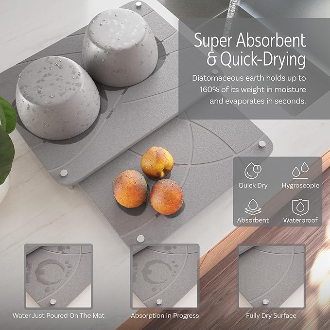 Nested Dish Drying Stone Mat with Bamboo Rack | 2 Pcs Diatomaceous Earth Stone Drying Mats for Kitchen Counter with Non-Slip Feet | Collapsible Large Drying Stone for Dishes (Light Gray)