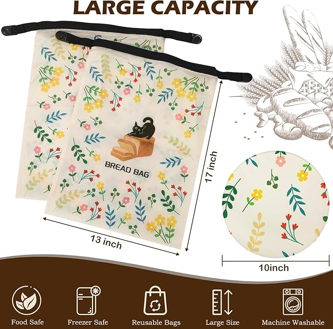 2 Pack Reusable Bread Bags for Homemade Bread, 17"×13" Sourdough Bread Storage Bags with Bowl Cover - Keep Loaf Fresh and Easy to Wash(Black Cat)