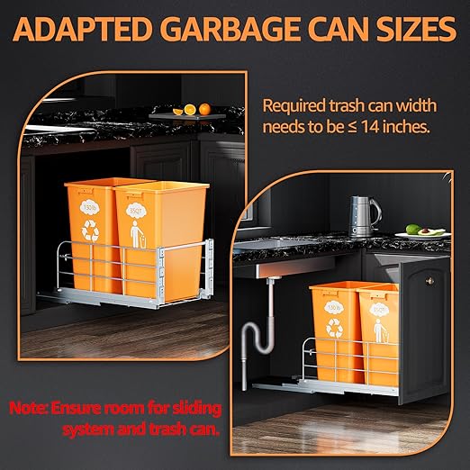 Double Pull Out Trash Can Under Cabinet with Soft Close Slides 130LB Heavy Duty Under Sink Trash Bin Kit with Door or Base Mount, Fits 16" W x 23" D Cabinet, Trash Can Not Included