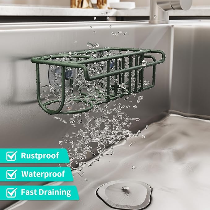 HapiRm Sink Caddy Sponge Holder - No Drill Sponge Holder for Kitchen Sink, Rustproof and Waterproof Kitchen Organizer - Green