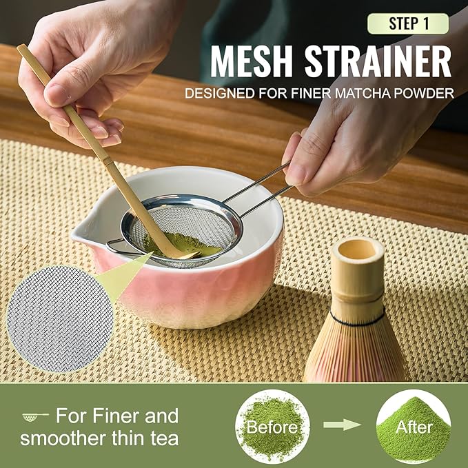 Matcha Whisk Set, 7 Pcs Pink Matcha Kit with Bowl, Whisk and Holder, Bamboo Scoop, Scoop Rest, Sifter & Tea Towel, Tea Gifts for Making Breakfast, Latte Match-a Lovers