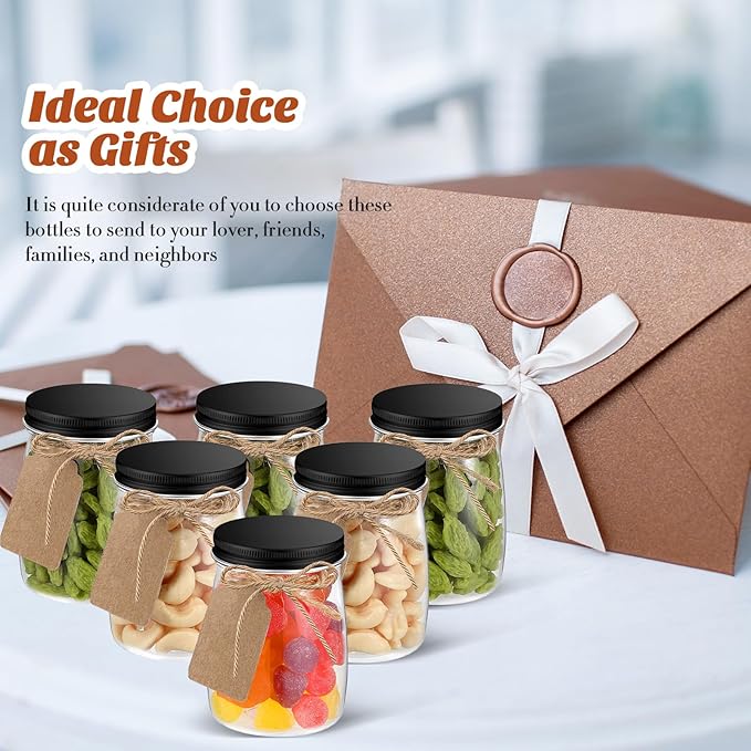 Nitial 50 Pack 5 oz Plastic Jars with Lids Bulk Yogurt Containers with Lids Gift Jars with DIY Craft Twine and Labels Gifts for Birthday Wedding Halloween Christmas Party Favor(Black,Aluminum Lid)