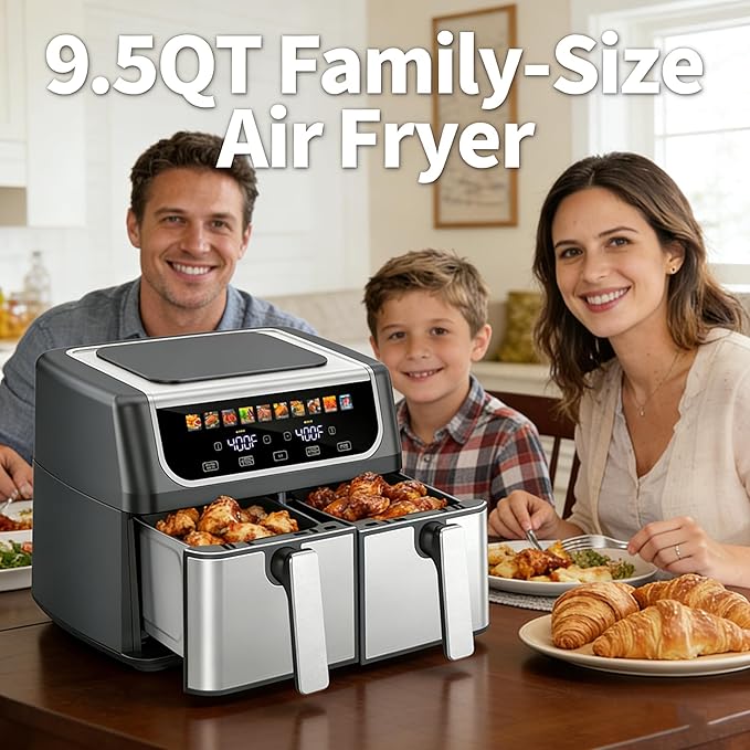 HealSmart 9.5Qt Dual Basket Air Fryer, 10-in-1 Smart Air Fryer with 1700W, Independent Temperature Control, Sync Cook & Shake Reminder, Nonstick Air Fryer Oven for Family Meals, Grey