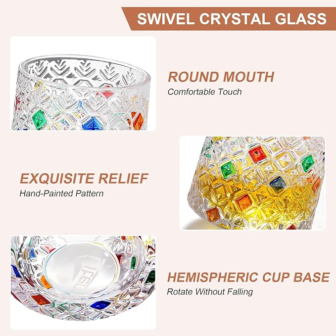Rotatable Old Fashioned Glass Cup, 275ml/10oz Crystal Whiskey Glass Set of 2, Wood Coaster, Thickening, Used as Rum Glass, Cocktail, Coffee, Milk Cup to Relax and Reduce Stress
