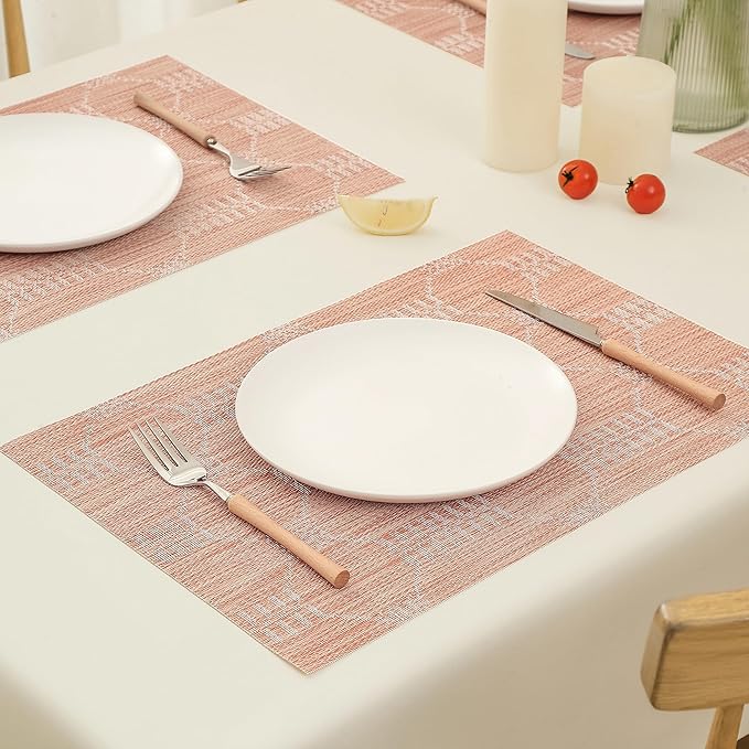 Leetaltree Coral Placemats Set of 6 - Heat Resistant Non-Slip Place mats for Dining Table, Washable Durable PVC Vinyl Woven Table Mats（Coral, 6）