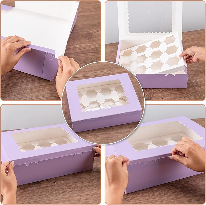 Hoewina 6PCS Cupcake Boxes - Hold 12 Count Cupcake Containers with Window, Food Grade Cupcake Holder Easy Transport and Presentation - Ideal for Cupcakes, Desserts, and More (Light Purple)