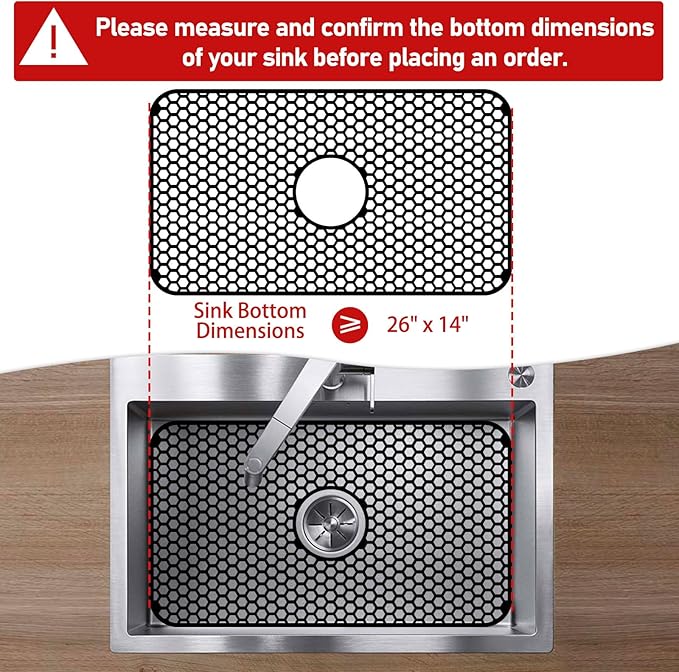 Bestjing Silicone Sink Protectors for Kitchen Sink with Center Drain, 26"x 14" Kitchen Grid Accessory, Non-Slip Heat-Resistant Mat for Bottom of Farmhouse Porcelain Stainless Steel (Center Hole,Black)