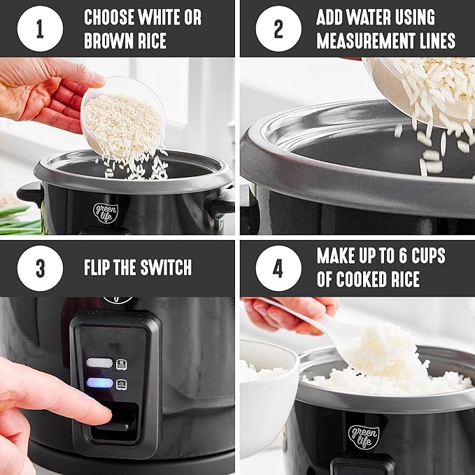 GreenLife Rice Cooker with Removable PFAS-Free Ceramic Nonstick Pot, 3-Cups Uncooked/6-Cups Cooked, Grains & Oatmeal Multicooker, Compact One-Switch Design, Auto Keep Warm, Easy Clean, Black