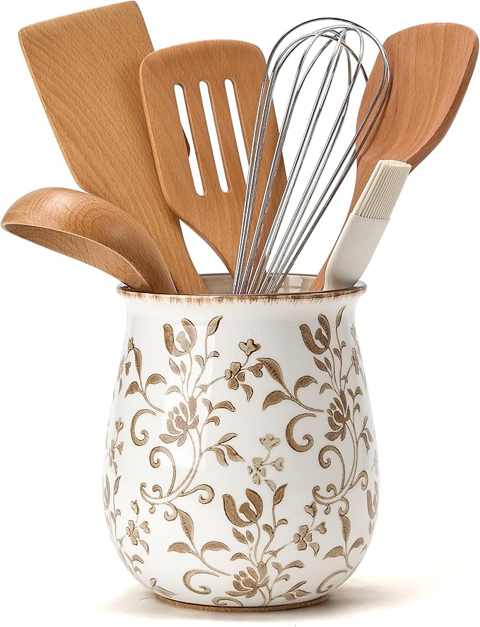 Utensil Holder for Kitchen Counter, Modern Farmhouse Cooking Utensil Holder and Crock Home Kitchen Decor, Ceramic Utensil Organizer for Spatula, Ladle, Eggbeater, Rolling Pin- Brown Flower Patterns