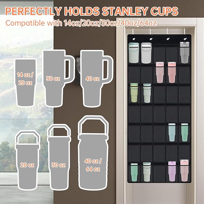 NiHome Multi-Functional 35 Pockets Door Hanging Organizer for Stanley Tumbler in Kitchen, Pantry, Bedroom, Bathroom, Large Capacity Elastic Mesh Secure Storage Cup Holder, Foldable for Home and RV Use