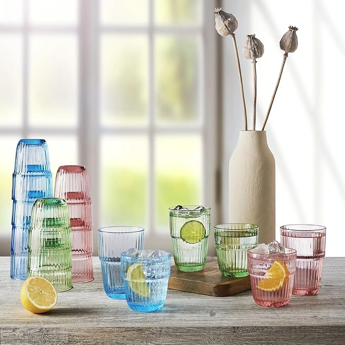 Bormioli Rocco Barshine 10.38 oz. Rocks Stackable Tempered Drinking Glasses, Set of 6, Ice Blue