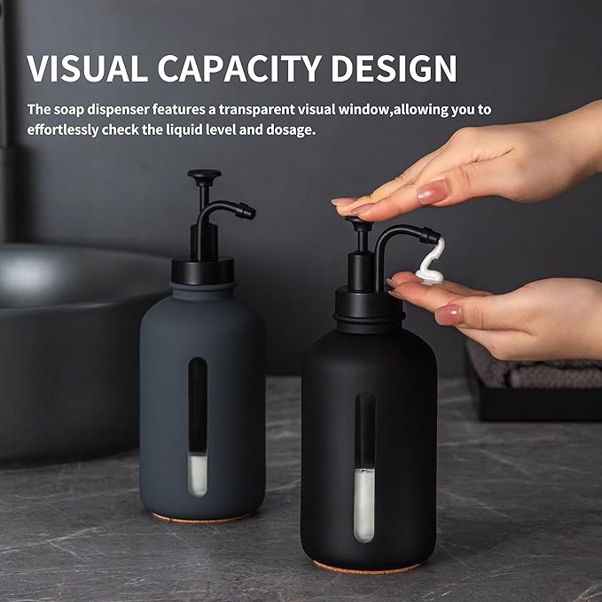 Enra Black Soap Dispenser with Window,17oz Glass Hand Soap Dispenser Stainless Steel Hand Pump,Liquid Soap Dispenser Countertop Lotion Bottle for Bathroom Kitchen(Black-Liquid 2)