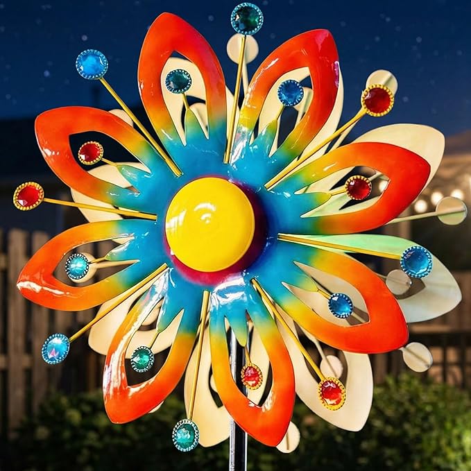 Solar Wind Spinner Outdoor Metal Garden Decor – 60.63'' Kinetic Flower Sculpture with Color-Changing LED Crackle Glass Ball & Gemstone, Waterproof Wind Catchers for Patio, Yard, Lawn Art Decoration