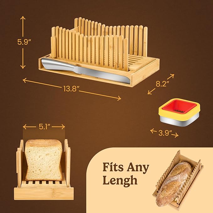Bread Slicer Guide for Homemade Bread 2-In-1 Set: Sourdough Rounds Slicer, Sandwich Sealer | Bread Loaf Slicing, Adjustable Bamboo Bread Cutter With Knife & Magnetic slot
