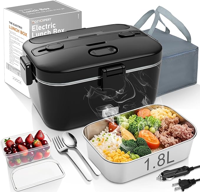 COZYEXPERT Electric-Lunch-Box-Heated-Food-Warmer 100W Heating Lunchbox for Adults 1.8L Portable Food Heater for Work/Car, 12V/24V/110-230V Lonchera Eléctrica Portátil with Fork Spoon (Black)