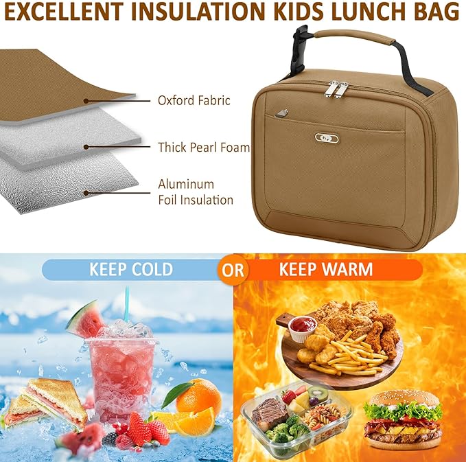 Lunch Box Kids Insulated Lunch Bag for Boys Girls Cute Reusable Lunch Tote Bag Waterproof Portable Thermal Lunch Box Kids for School Picnic Travel Khaki