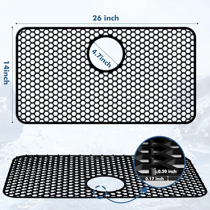 Bestjing Silicone Sink Protectors for Kitchen Sink with Rear Drain - 26"x 14" Kitchen Protector Accessory, Non-Slip Heat Resistant Grid Mat for Bottom of Farmhous Stainless Steel (Rear Hole, Black)