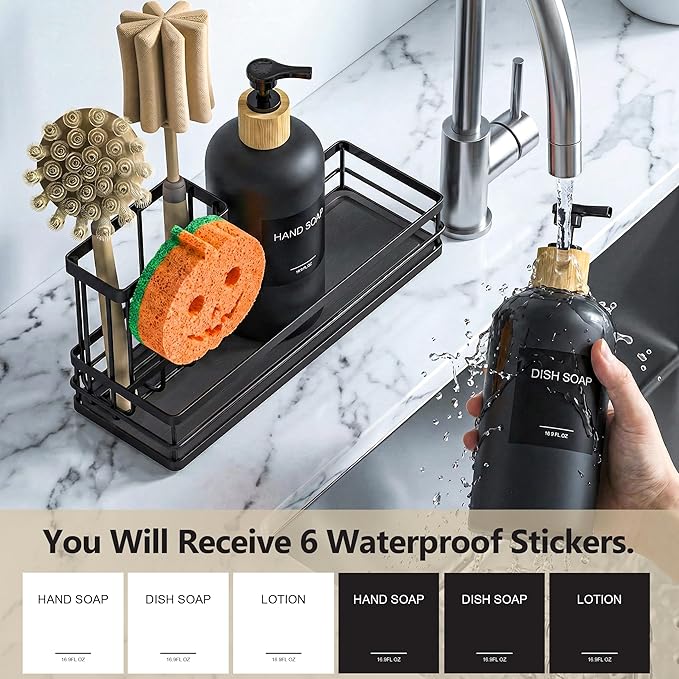 Moforoco Kitchen Dish Soap Dispenser Set, 16OZ Glass Bottle, Hand and Dish Soap Dispenser Set, Instant Dry Tray, Brush Holder with Smiley Face Sponge Holder (Black Tray+Black Bottle+Labels)