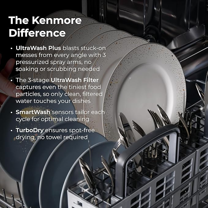 Kenmore 24" Built-In Dishwasher - Quiet Tub with TurboDry, Leak, & SmartWash Soil Detection - 15 Place Settings - 49 DBA - ENERGY STAR Certified - Fingerprint Resistant Stainless Steel
