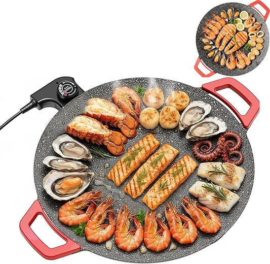 Indoor Smokeless Electric Griddle,Comales Para Tortillas Electricos, Portable Electric Korean Bbq Grill,Round Electric Griddle For Bbq, Tortillas, Steaks, Burgers, Pancakes (14.2 in)