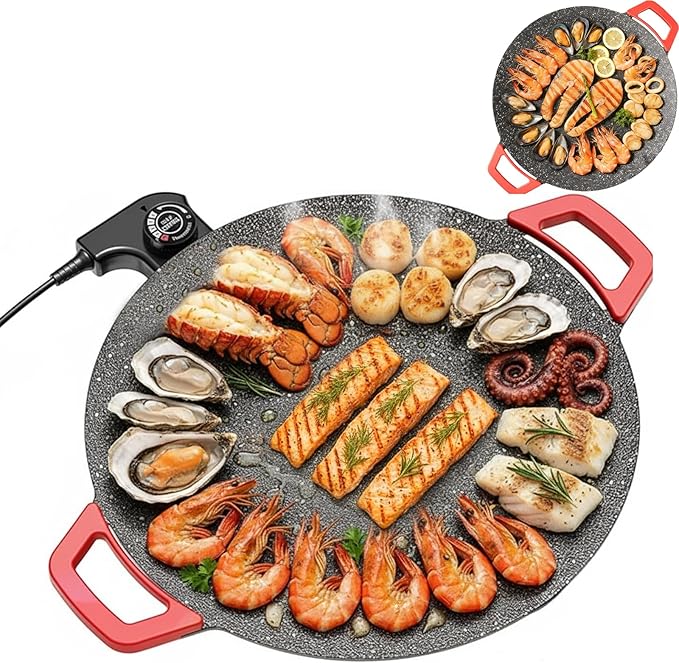 Indoor Smokeless Electric Griddle,Comales Para Tortillas Electricos, Portable Electric Korean Bbq Grill,Round Electric Griddle For Bbq, Tortillas, Steaks, Burgers, Pancakes (16 in)