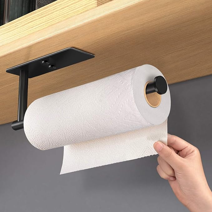VAEHOLD Self Adhesive Paper Towel Holder Under Cabinet Mount, Wall Mount Paper Towel Roll Rack for Kitchen Cabinet, Bathroom, SUS304 Stainless Steel Black