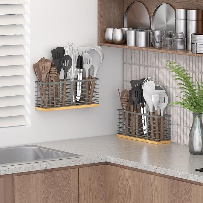 Suli Extra Large Kitchen Utensil Holder Countertop with 4 Compartments,Grey Metal holder with Wooden Base for Countertop,Farmhouse Utensil Organizer for counter,Rustic Cooking Utensil Organizer