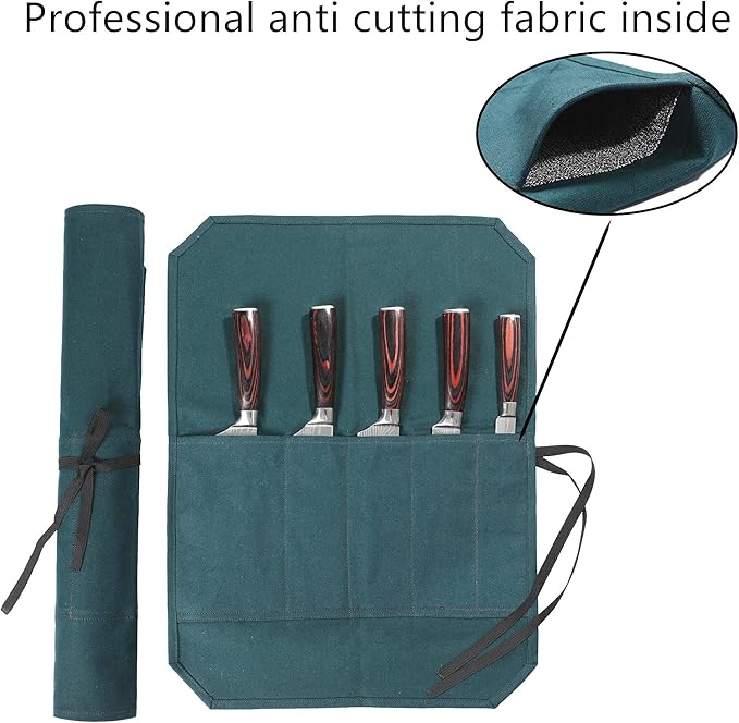 Chef's Knife Roll Bag, Heavy Duty Waxed Canvas With Cut-Resistant Lining Knife Bag (5 Slots, DarkGreen)