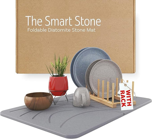 Large Stone Drying Mat with Bamboo Rack | 23.6” x 15.4” Diatomaceous Earth Collapsible Stone Dish Drying Mat | Quick Water Absorbing Foldable Dish Drying Stone for Kitchen Counter Racks (Light Gray)