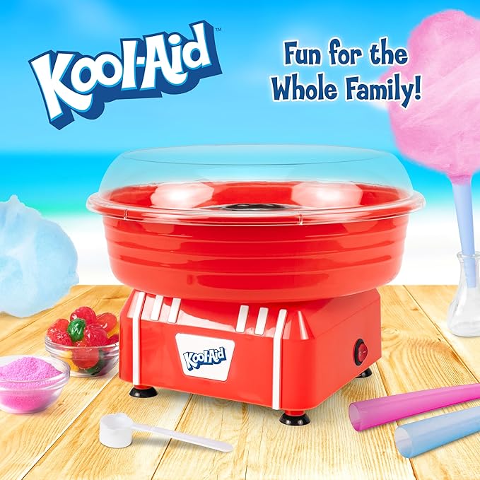 Kool-Aid Cotton Candy Machine - Fun Cotton Candy Machine for Kids with 2 Reusable Cones, 1 Sugar Scoop, and 1 Extractor Head – Red