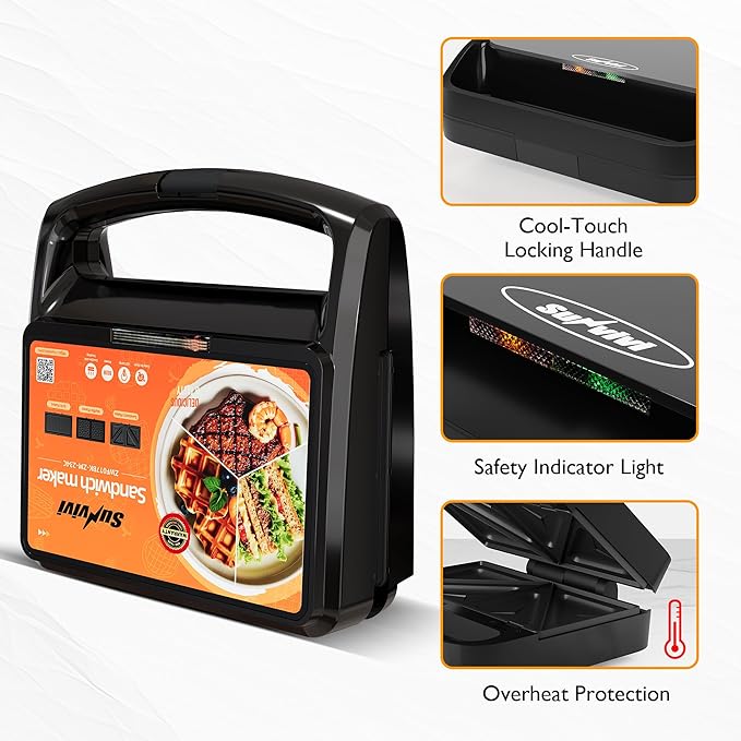 Sunvivi 3 in 1 Sandwich Maker, Electric Waffle Maker with Removable Non-stick Plates, 800W Panini Press Grill with Glass Top, Cool Touch Handle & Easy to Clean, Black