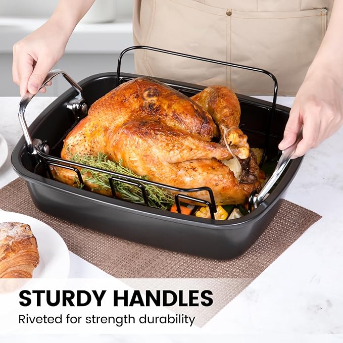 Nonstick Roasting Pan with Rack, Turkey Roasting Pan for Oven, Large Roaster Pan with Handle for Chicken, 17 X 13 Inch, Carbon Steel, Dark Grey