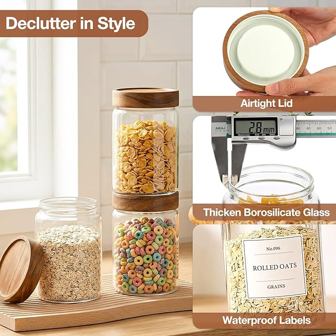 CONNOO 28oz Glass Storage Jars with Wood Lids (6-Pack) – Includes 120 Pre-Printed Waterproof White Kitchen Labels – Airtight Pantry Containers for Rolled Oats, Pasta & Cereals